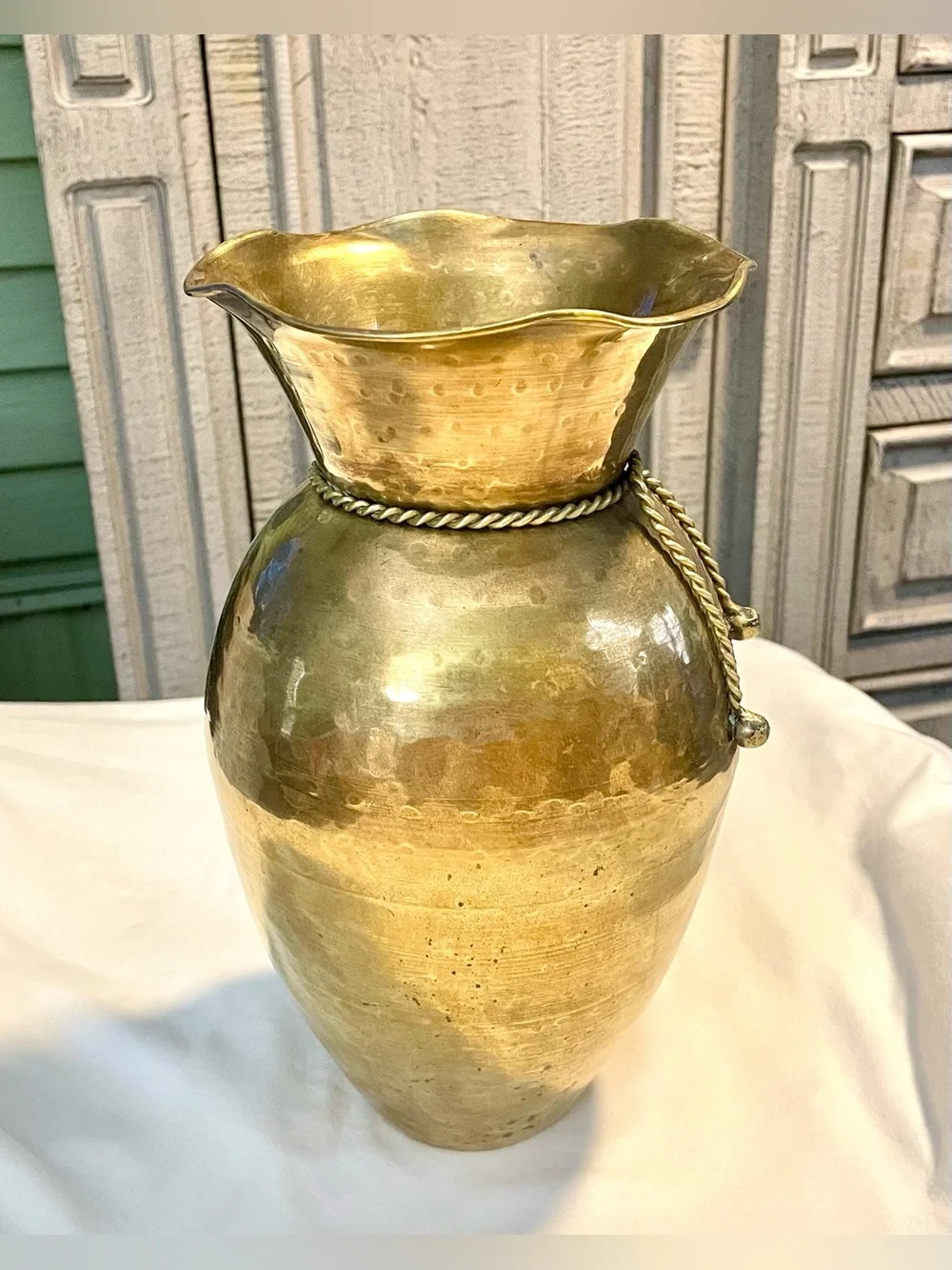VTG Hammered Brass Vase w/Ruffled Collar & Metal Braided Cording - Made In India